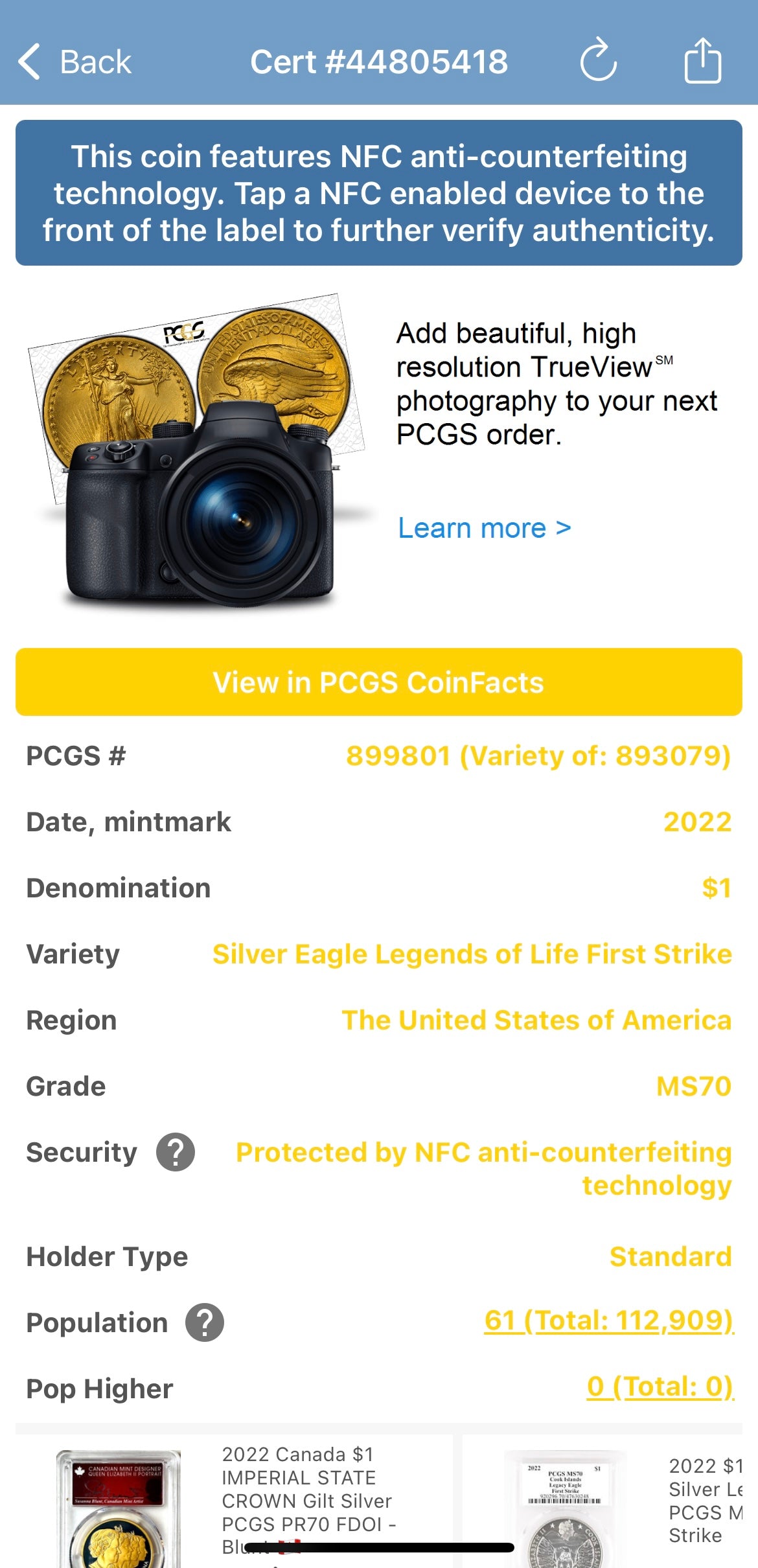 2022 $1 American Silver Eagle PCGS MS70 First Strike Legends of Life NFL Hall of Fame Billy Shaw Signed Label Mint Condition (1 of 61)