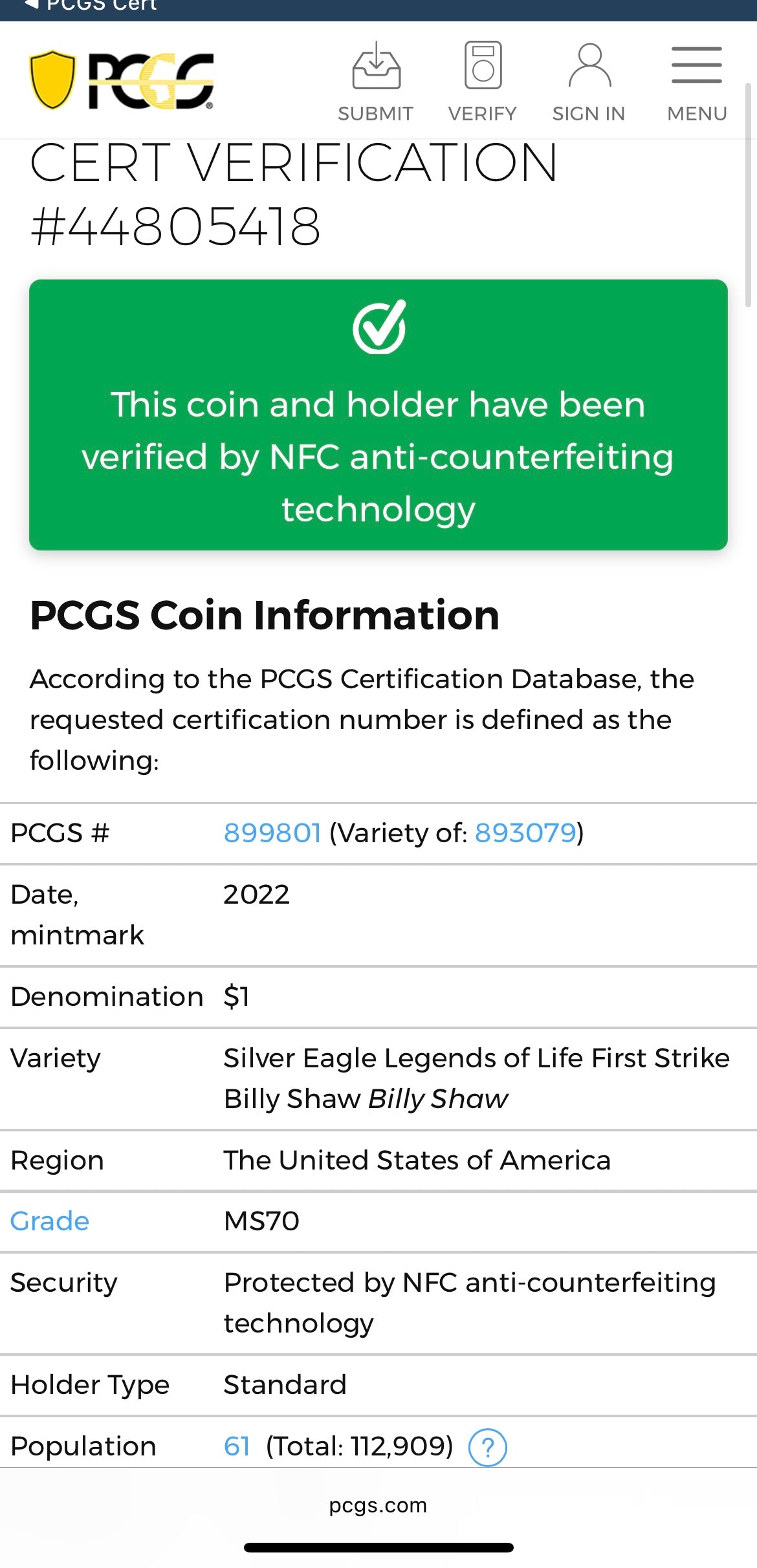 2022 $1 American Silver Eagle PCGS MS70 First Strike Legends of Life NFL Hall of Fame Billy Shaw Signed Label Mint Condition (1 of 61)