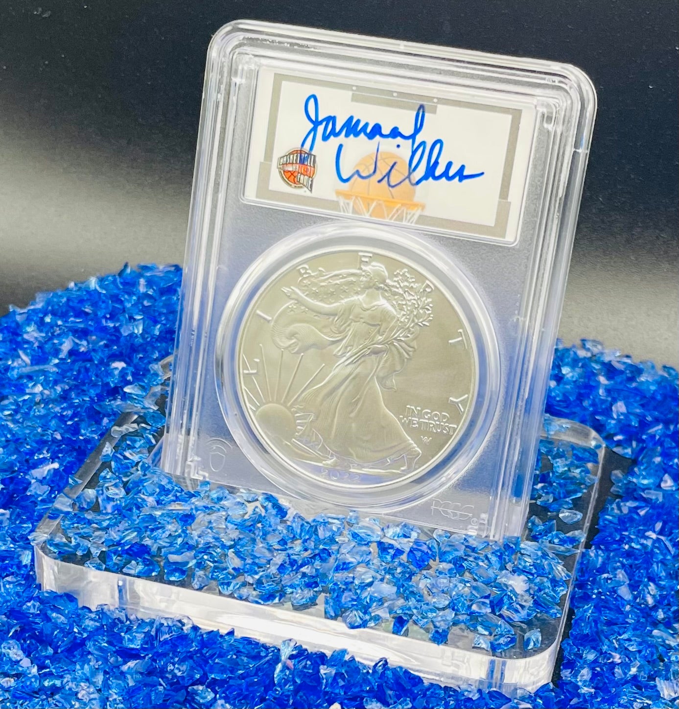 2022 $1 American Silver Eagle PCGS MS70 FDOI NBA NMBHOF Private Collection Jamaal Wilkes Signed Blue Marker (Rare 1 of 74)