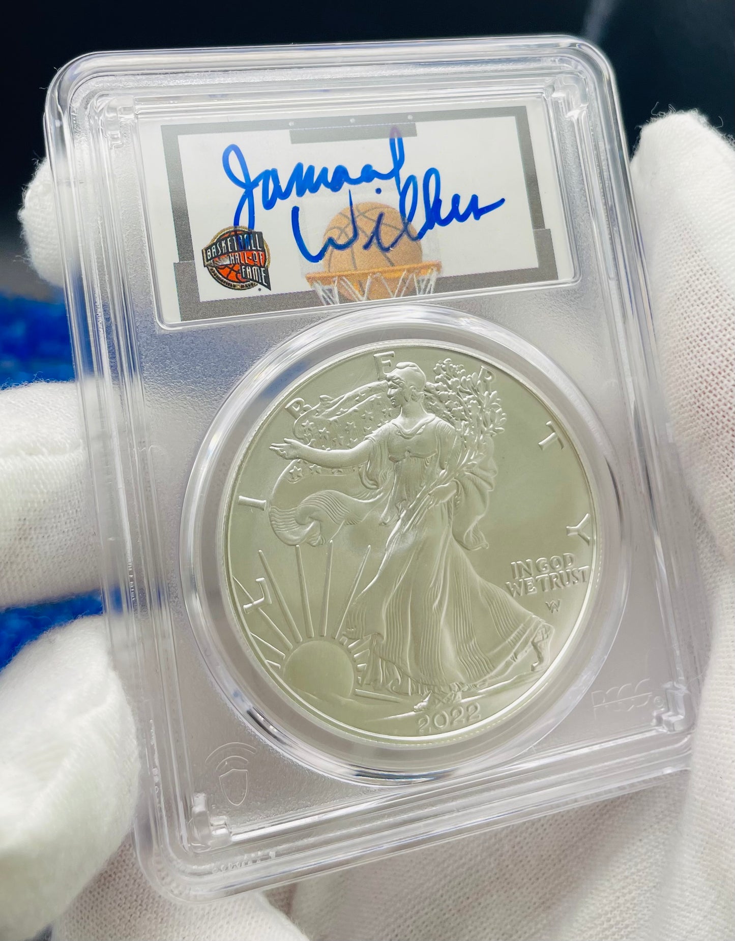 2022 $1 American Silver Eagle PCGS MS70 FDOI NBA NMBHOF Private Collection Jamaal Wilkes Signed Blue Marker (Rare 1 of 74)