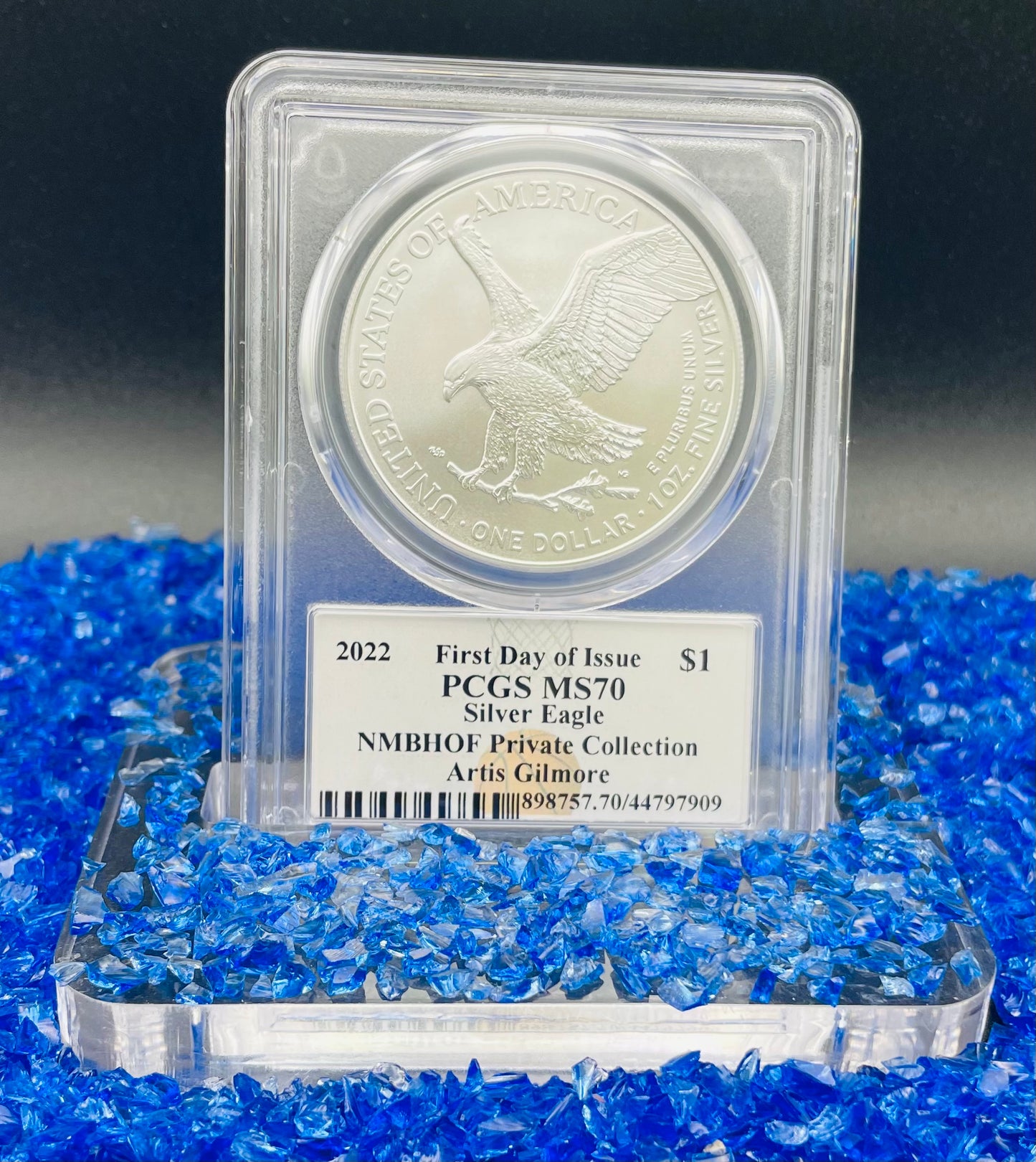 2022 $1 American Silver Eagle PCGS MS70 FDOI NBA NMBHOF Private Collection Artis Gilmore Signed Label Blue Marker (Rare 1 of 179)