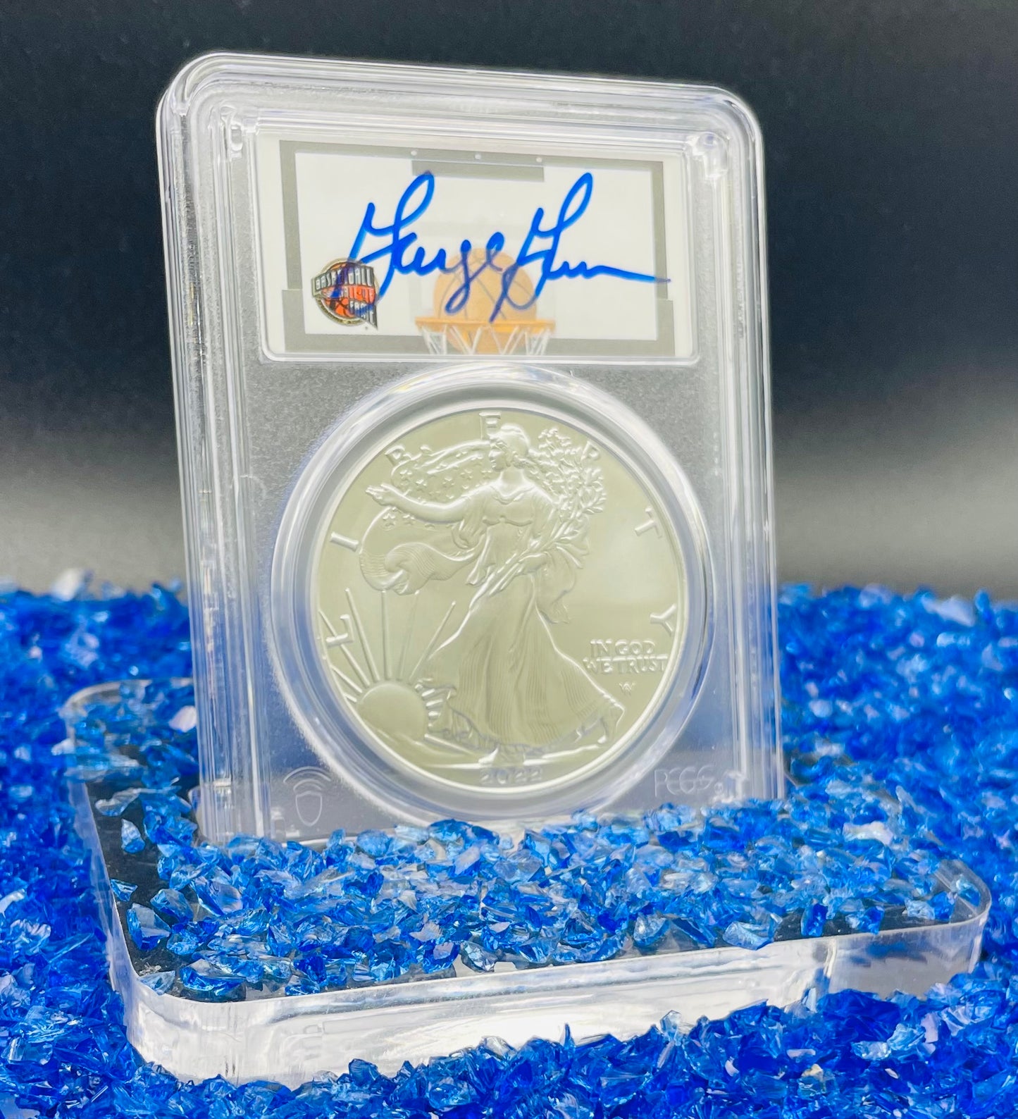 2022 $1 American Silver Eagle PCGS MS70 FDOI NBA NMBHOF Private Collection George Gervin Signed Label Blue Marker Mint Condition (Rare 1 of 91)