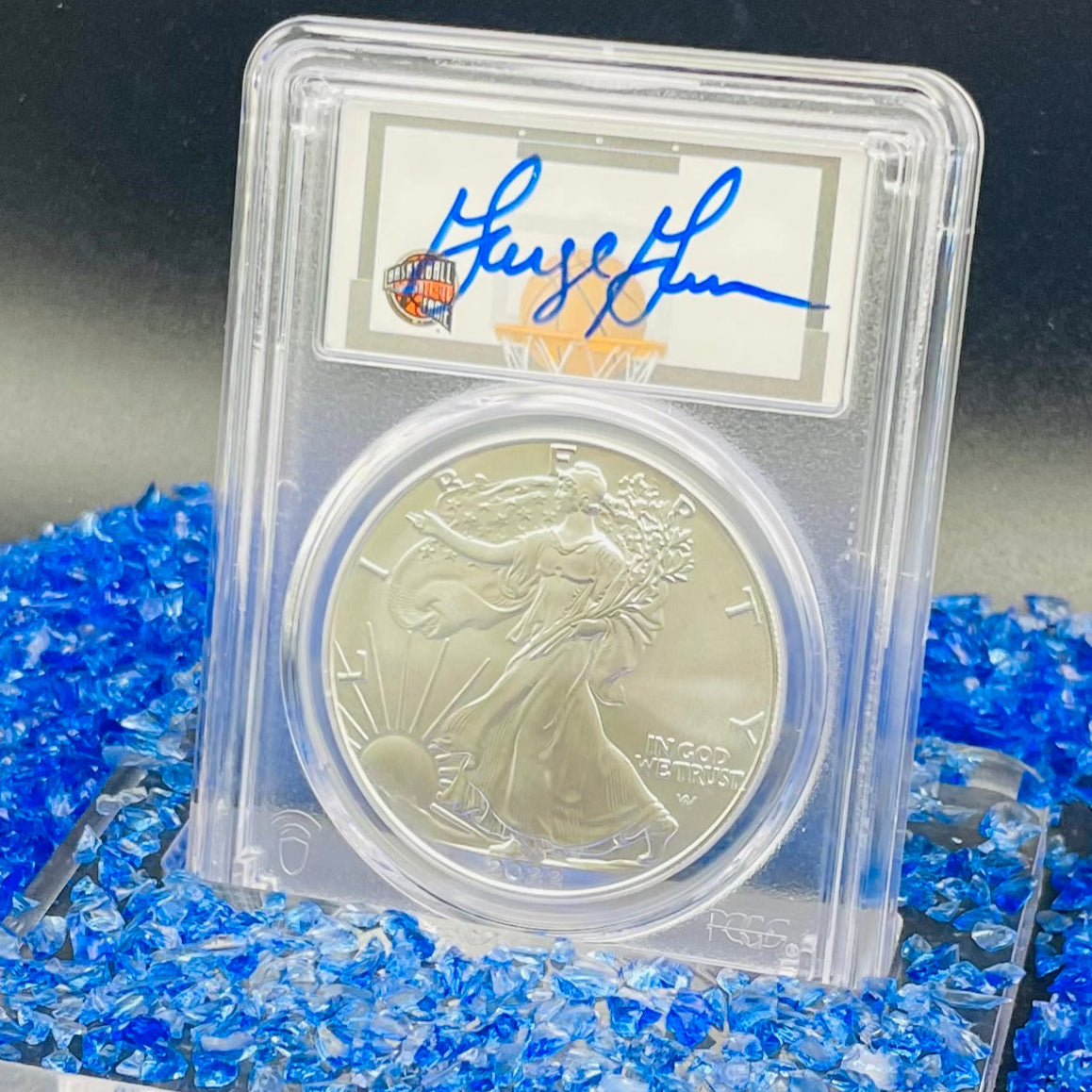 2022 $1 American Silver Eagle PCGS MS70 FDOI NBA NMBHOF Private Collection George Gervin Signed Label Blue Marker Mint Condition (Rare 1 of 91)