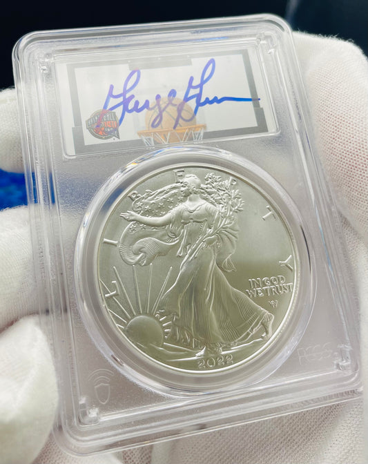 2022 $1 American Silver Eagle PCGS MS70 FDOI NBA NMBHOF Private Collection George Gervin Signed Label Blue Marker Mint Condition (Rare 1 of 91)