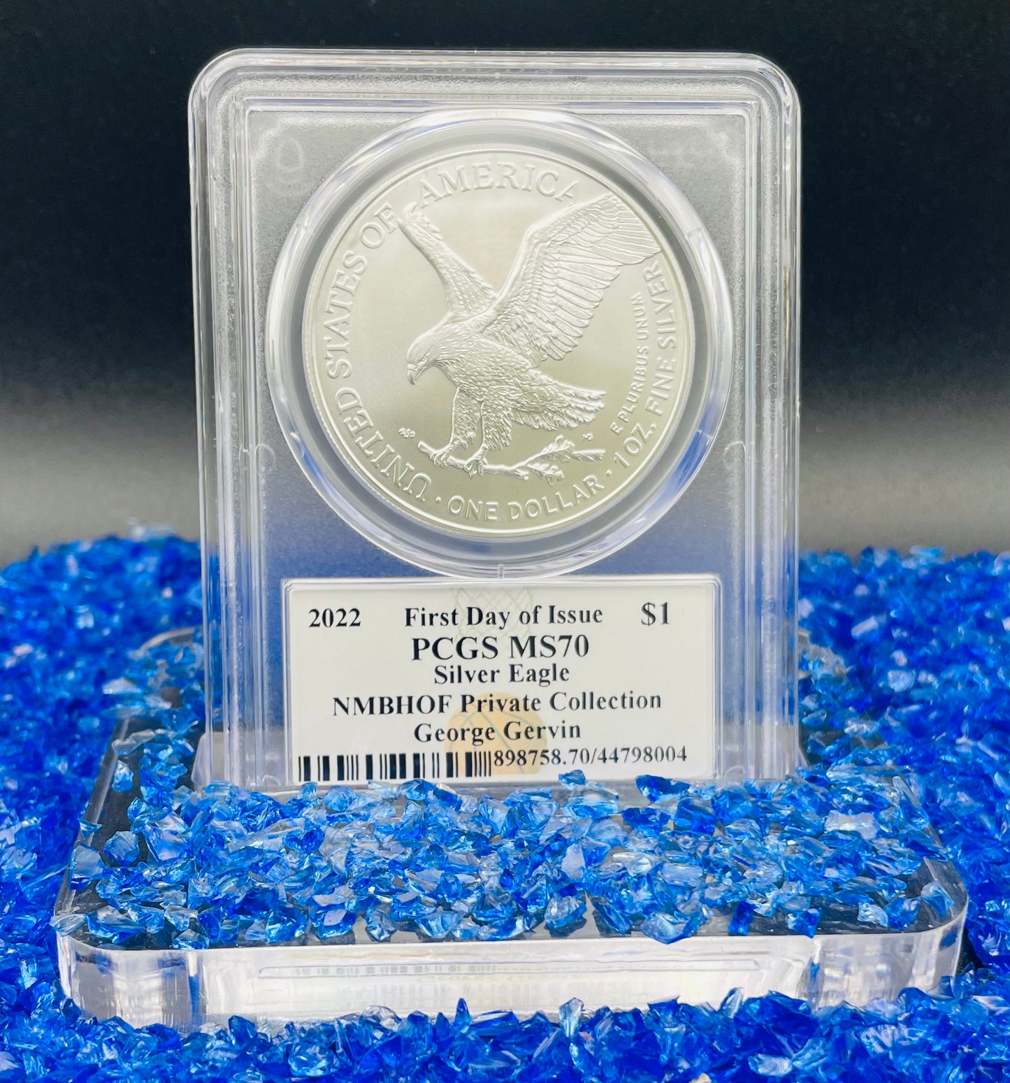 2022 $1 American Silver Eagle PCGS MS70 FDOI NBA NMBHOF Private Collection George Gervin Signed Label Blue Marker Mint Condition (Rare 1 of 91)