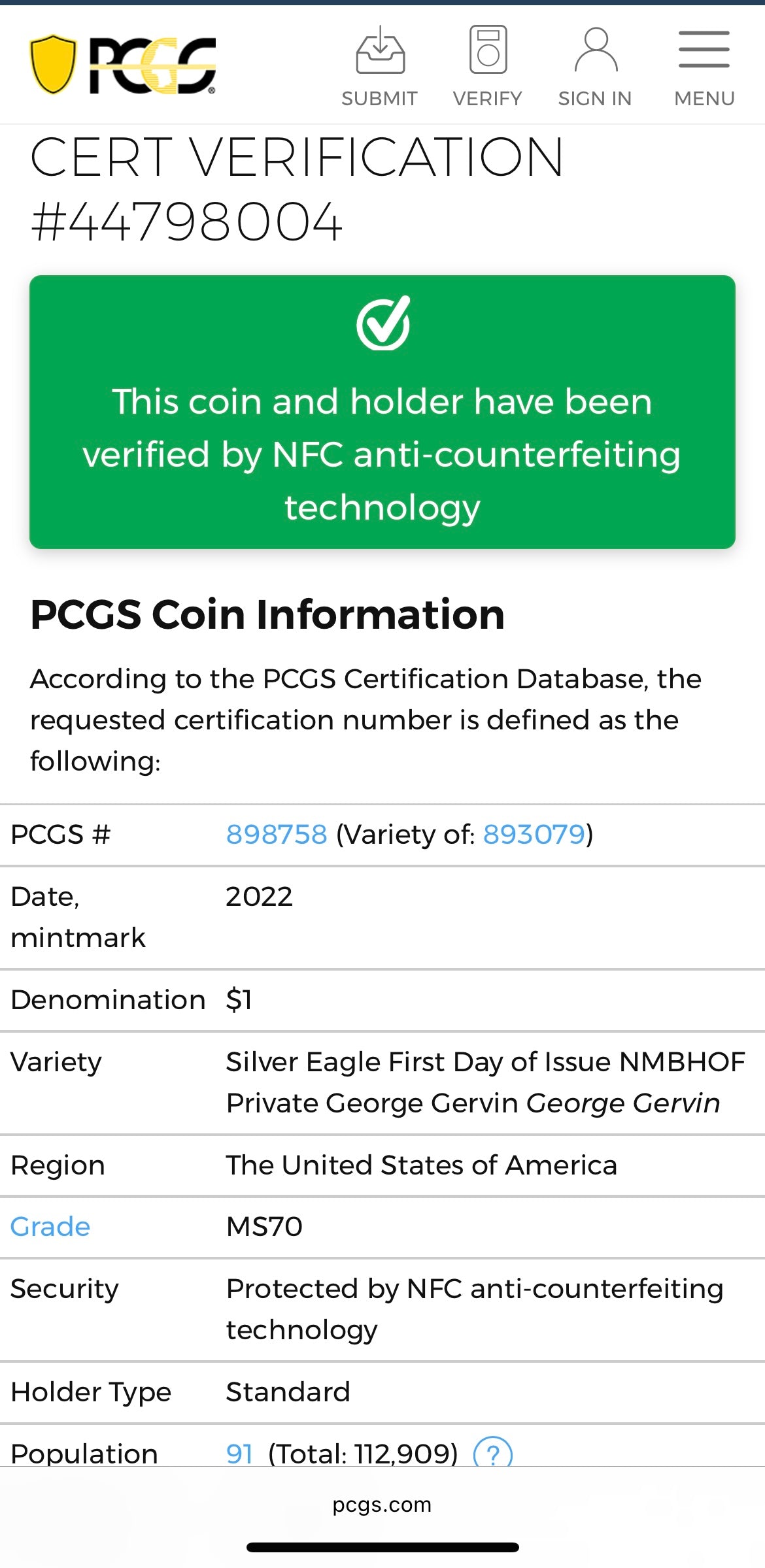 2022 $1 American Silver Eagle PCGS MS70 FDOI NBA NMBHOF Private Collection George Gervin Signed Label Blue Marker Mint Condition (Rare 1 of 91)