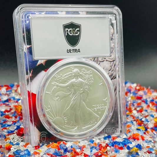 Burnished 2022 (W) $1 American Silver Eagle PCGS SP70 US Mint Private Auction Ultra Breaks Silver Foil Label American Flag Holder Mint Condition (1 of 1,335)