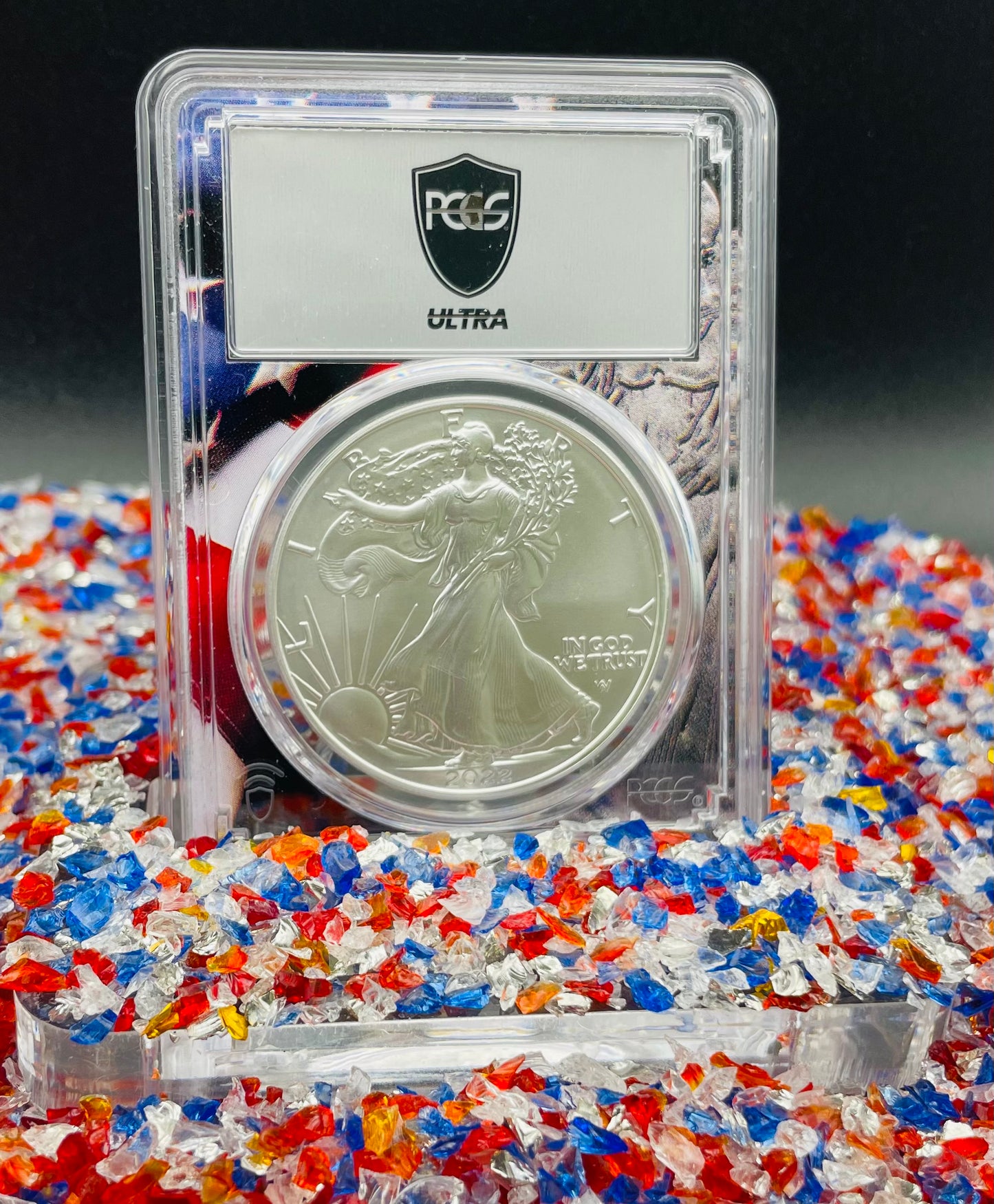 Burnished 2022 (W) $1 American Silver Eagle PCGS SP70 US Mint Private Auction Ultra Breaks Silver Foil Label American Flag Holder Mint Condition (1 of 1,335)