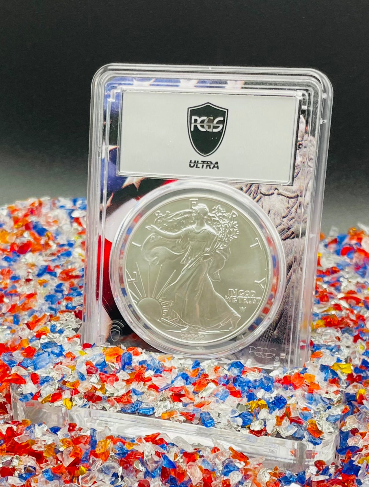 Burnished 2022 (W) $1 American Silver Eagle PCGS SP70 US Mint Private Auction Ultra Breaks Silver Foil Label American Flag Holder Mint Condition (1 of 1,335)