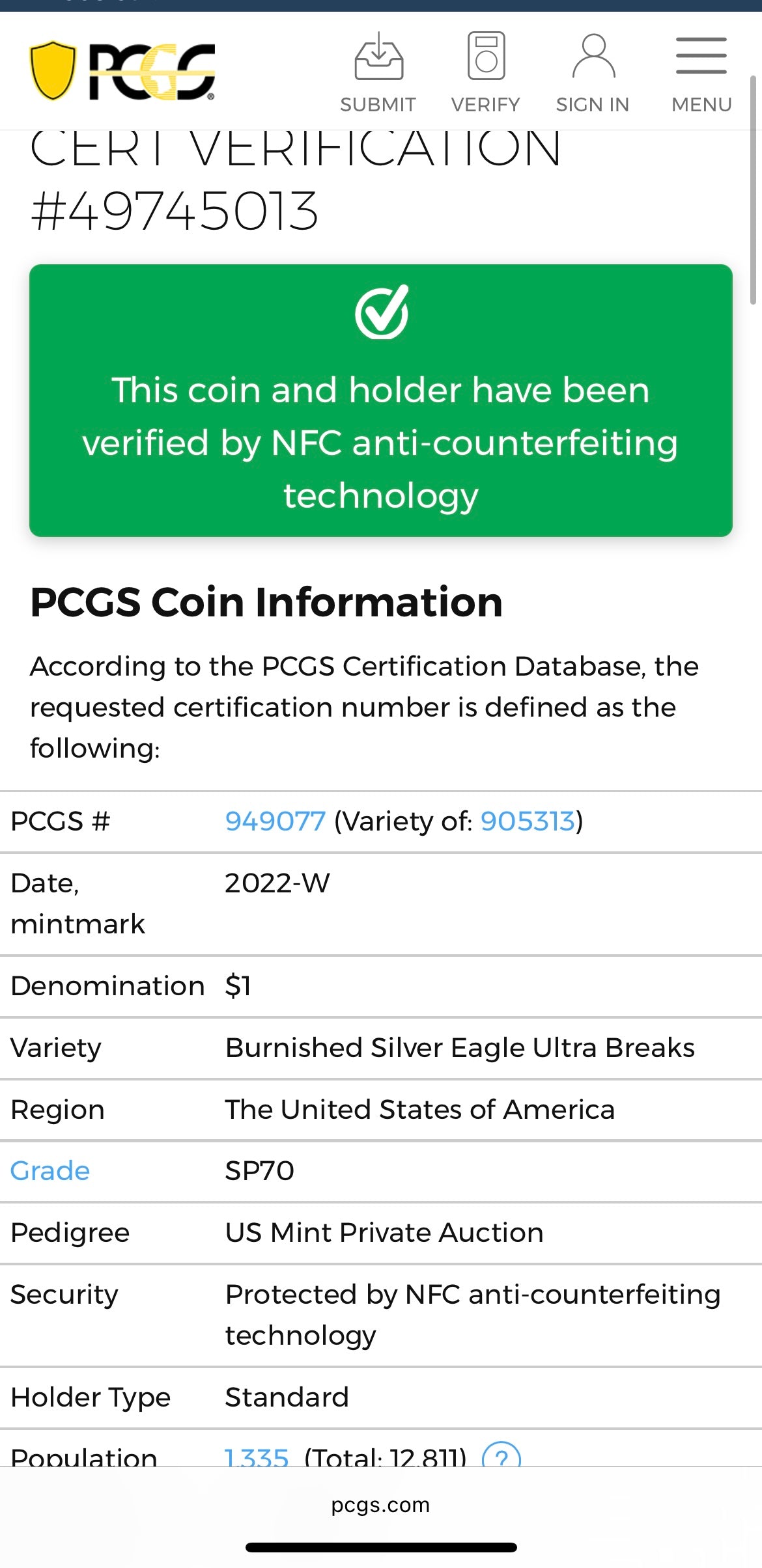 Burnished 2022 (W) $1 American Silver Eagle PCGS SP70 US Mint Private Auction Ultra Breaks Silver Foil Label American Flag Holder Mint Condition (1 of 1,335)