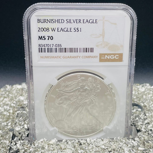 Burnished 2008 $1 (W) American Silver Eagle NGC MS70 Brown Label Mint Condition