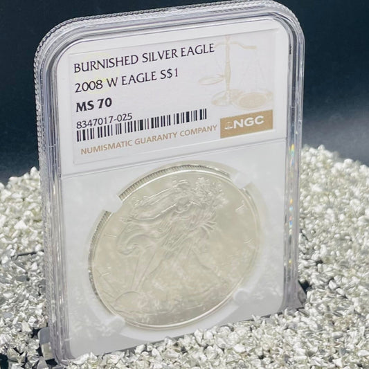 Burnished 2008 $1 (W) American Silver Eagle NGC MS70 Brown Label Mint Condition