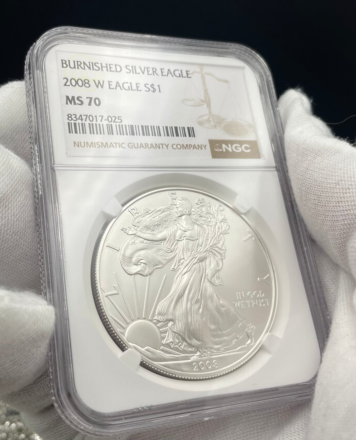 Burnished 2008 $1 (W) American Silver Eagle NGC MS70 Brown Label Mint Condition