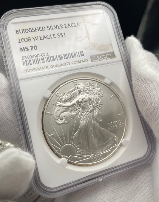 Burnished 2008 $1 (W) American Silver Eagle NGC MS70 Brown Label Mint Condition