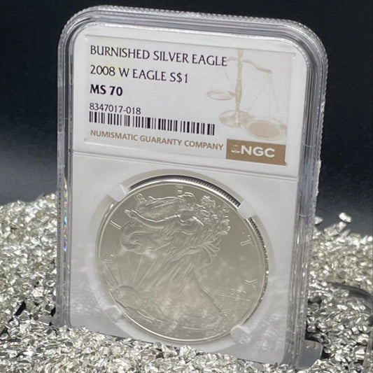 Burnished 2008 $1 (W) American Silver Eagle NGC MS70 Brown Label Mint Condition