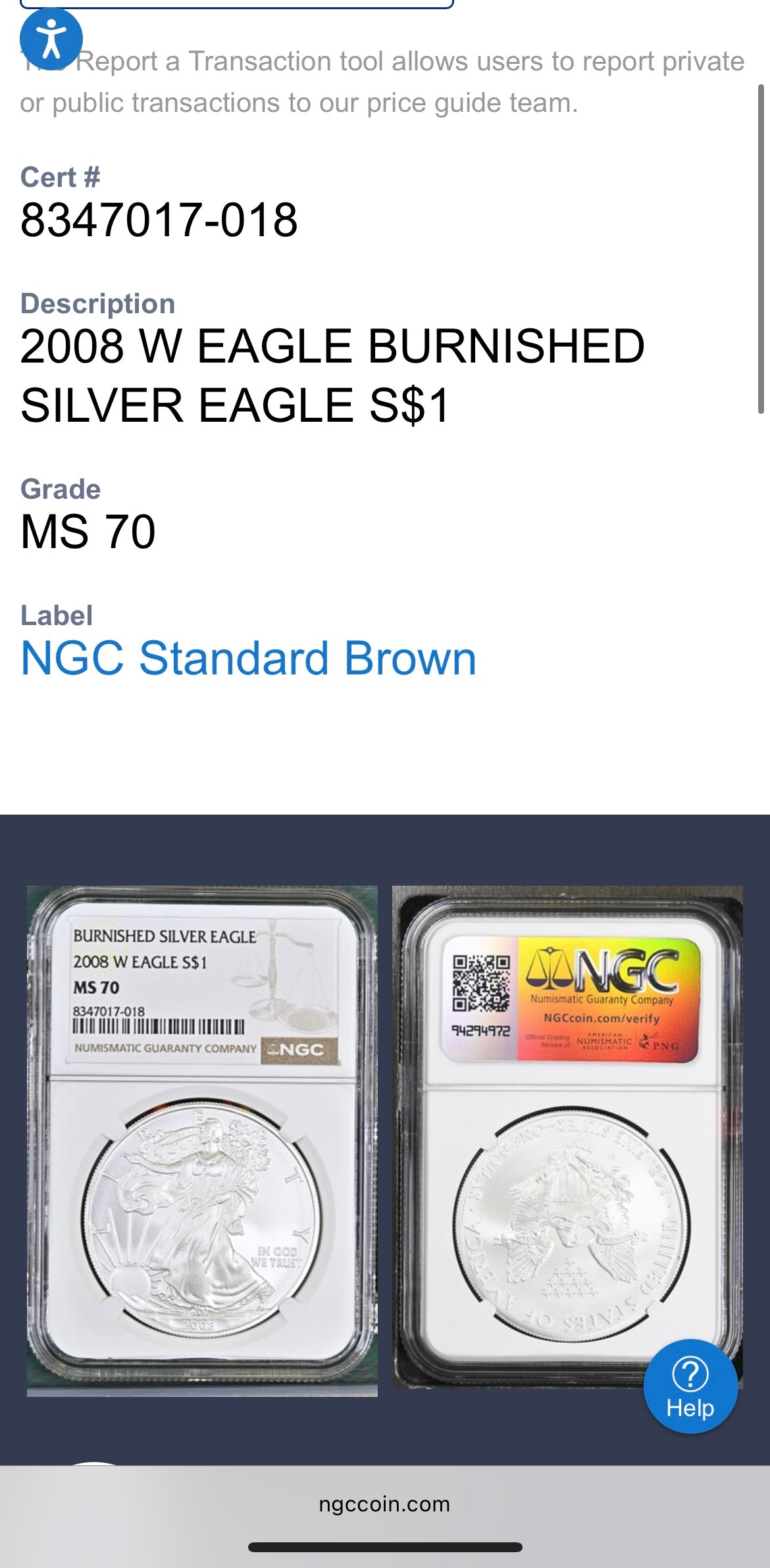 Burnished 2008 $1 (W) American Silver Eagle NGC MS70 Brown Label Mint Condition