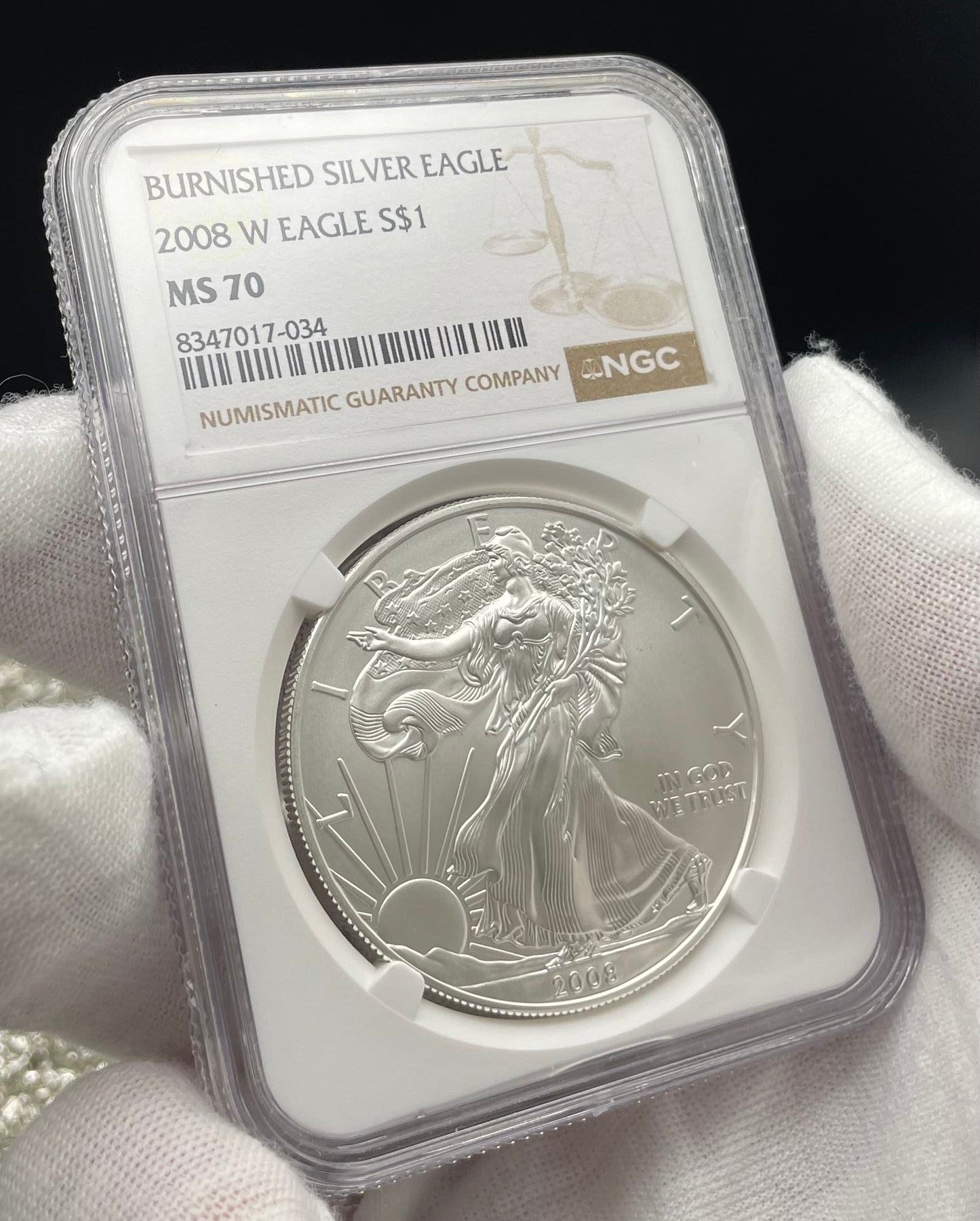 Burnished 2008 $1 (W) American Silver Eagle NGC MS70 Brown Label Mint Condition