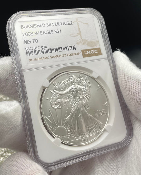 Burnished 2008 $1 (W) American Silver Eagle NGC MS70 Brown Label Mint Condition