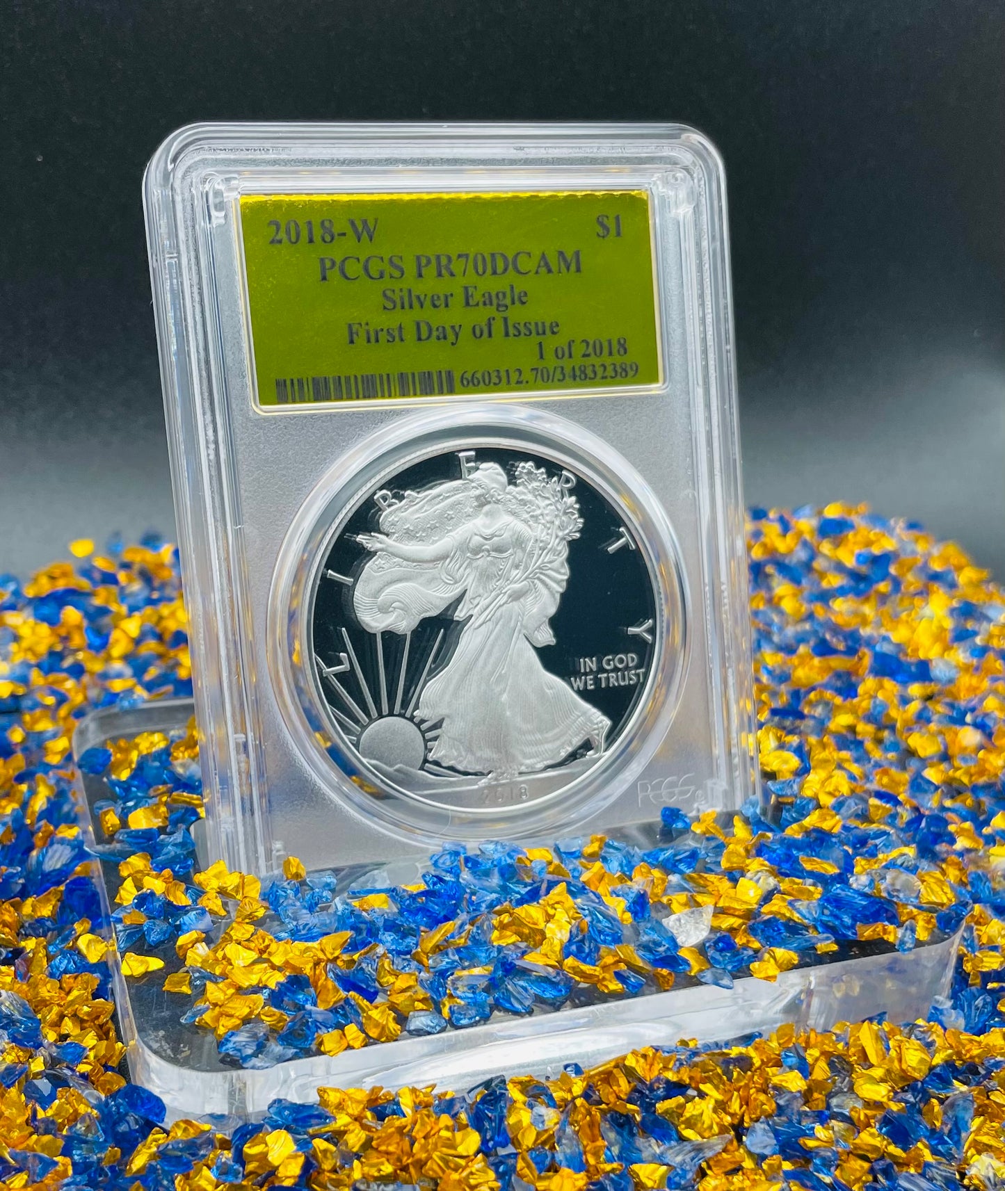 Proof 2018 (W) $1 American Silver Eagle PCGS PR70DCAM FDOI Gold Foil Label (1 of 2,018)