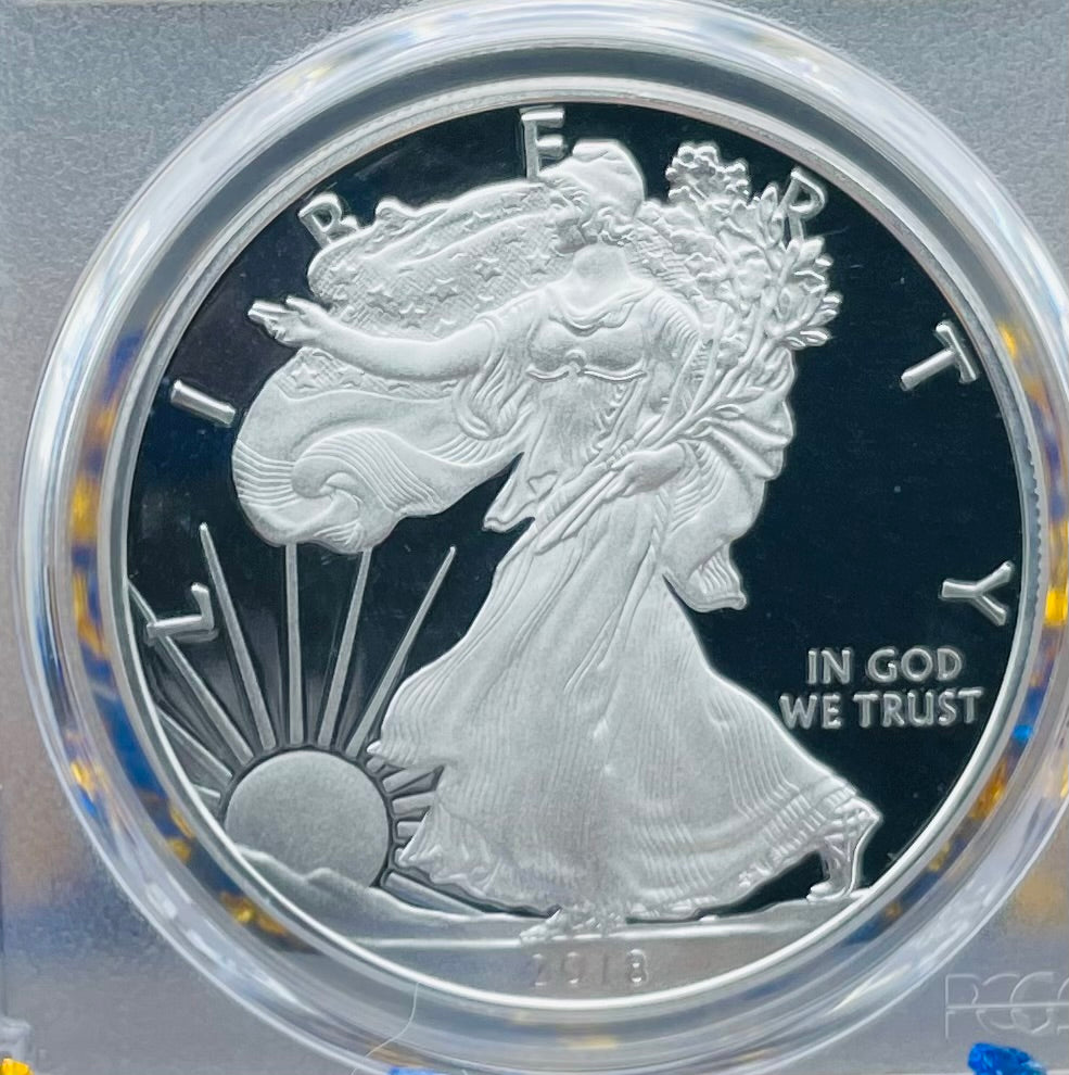 Proof 2018 (W) $1 American Silver Eagle PCGS PR70DCAM FDOI Gold Foil Label (1 of 2,018)