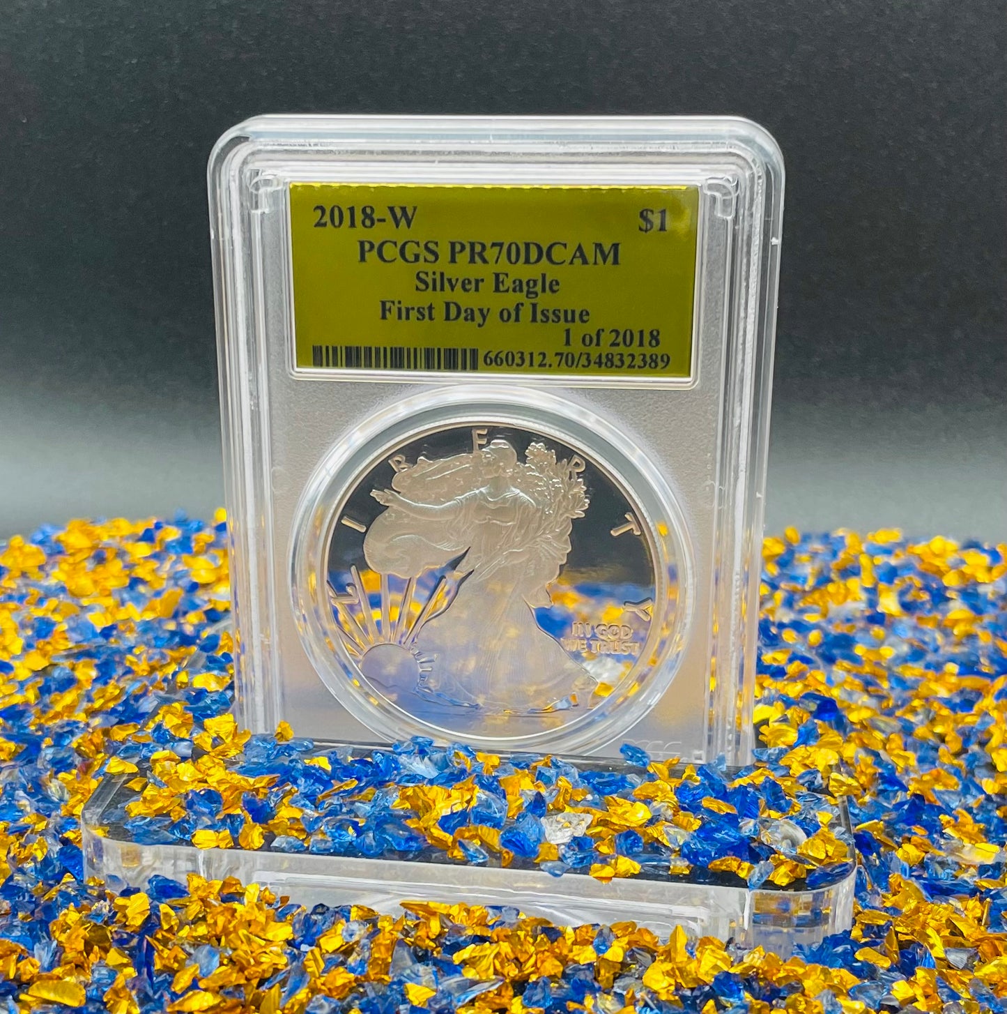 Proof 2018 (W) $1 American Silver Eagle PCGS PR70DCAM FDOI Gold Foil Label (1 of 2,018)