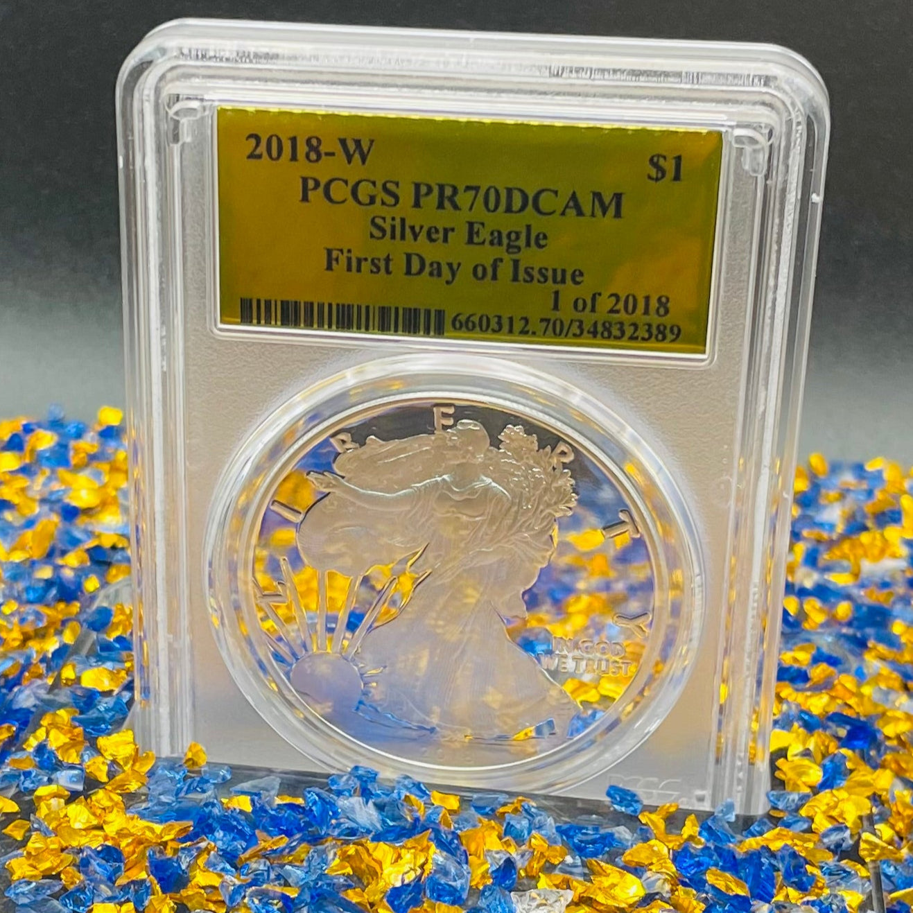 Proof 2018 (W) $1 American Silver Eagle PCGS PR70DCAM FDOI Gold Foil Label (1 of 2,018)