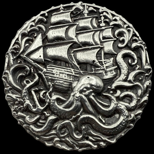 'The Kraken Attack' Sea Monster 2025 2.7 Troy Ounce .999 Fine Silver Round Hand Crafted Antique Finish Includes Wood Treasure Chest, Capsule & COA Mint Condition Limited Edition (1 of 50)