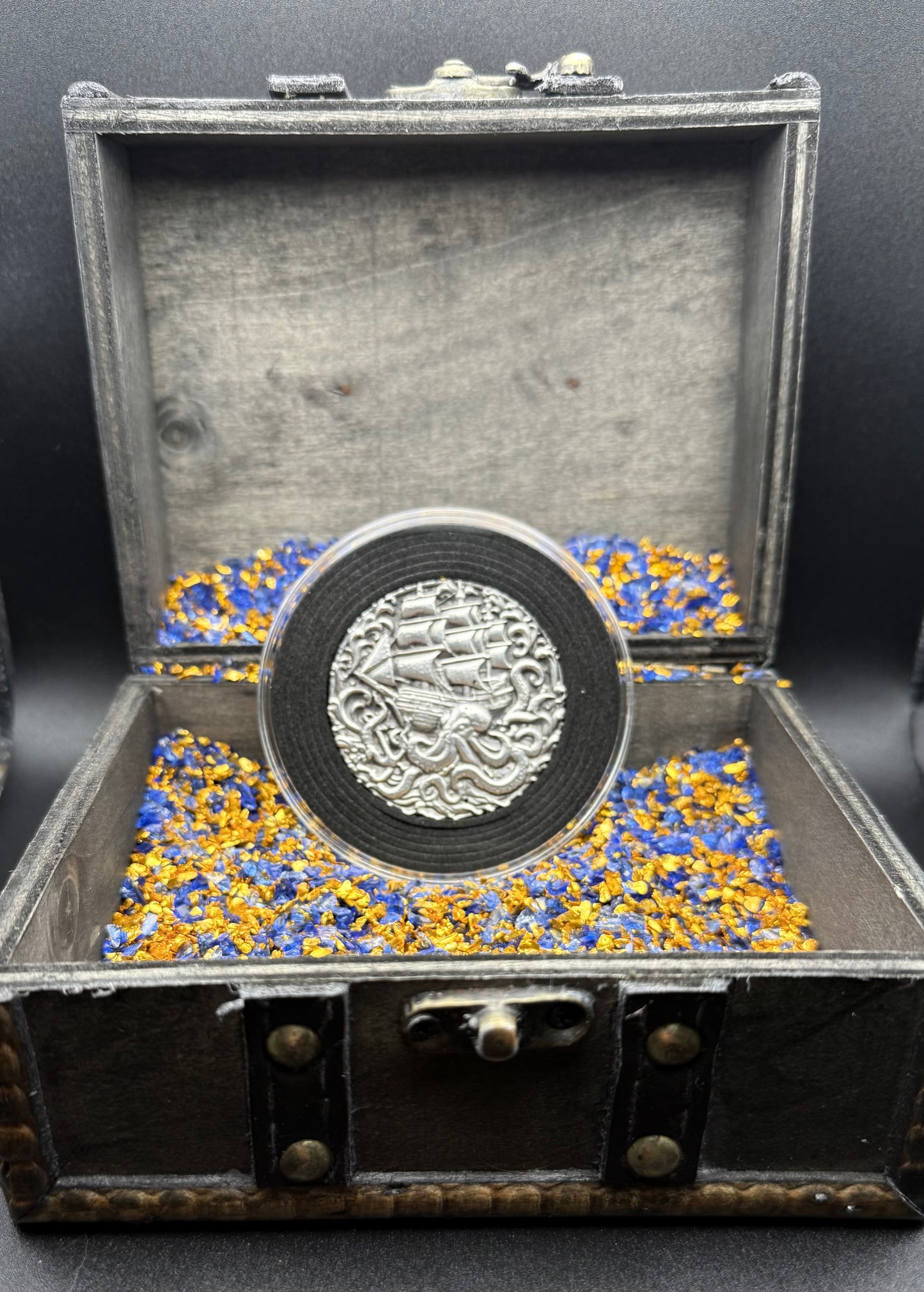 'The Kraken Attack' Sea Monster 2025 2.7 Troy Ounce .999 Fine Silver Round Hand Crafted Antique Finish Includes Wood Treasure Chest, Capsule & COA Mint Condition Limited Edition (1 of 50)