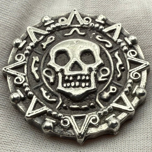 'Aztec Silver Doubloon' Pirate Treasure Hand Crafted by Peculiar Coins 1.5 Troy Ounce .999 Fine Silver Double Sided Skull Antique Finish Includes Wood Treasure Chest, Capsule & COA Mint Condition
