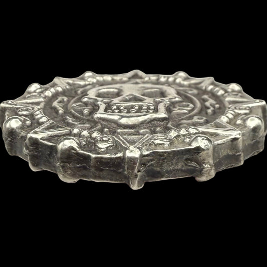 'Aztec Silver Doubloon' Pirate Treasure Hand Crafted by Peculiar Coins 1.5 Troy Ounce .999 Fine Silver Double Sided Skull Antique Finish Includes Wood Treasure Chest, Capsule & COA Mint Condition