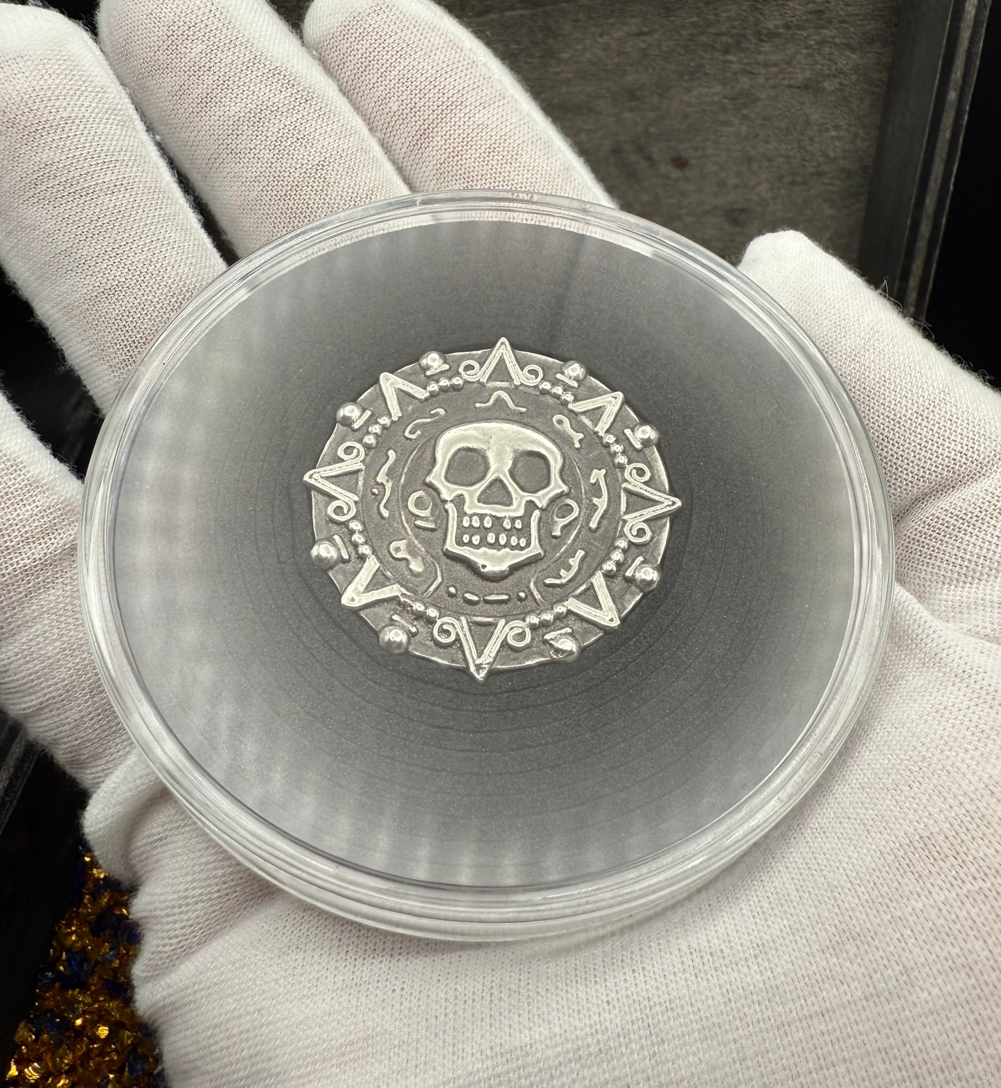 'Aztec Silver Doubloon' Pirate Treasure Hand Crafted by Peculiar Coins 1.5 Troy Ounce .999 Fine Silver Double Sided Skull Antique Finish Includes Wood Treasure Chest, Capsule & COA Mint Condition