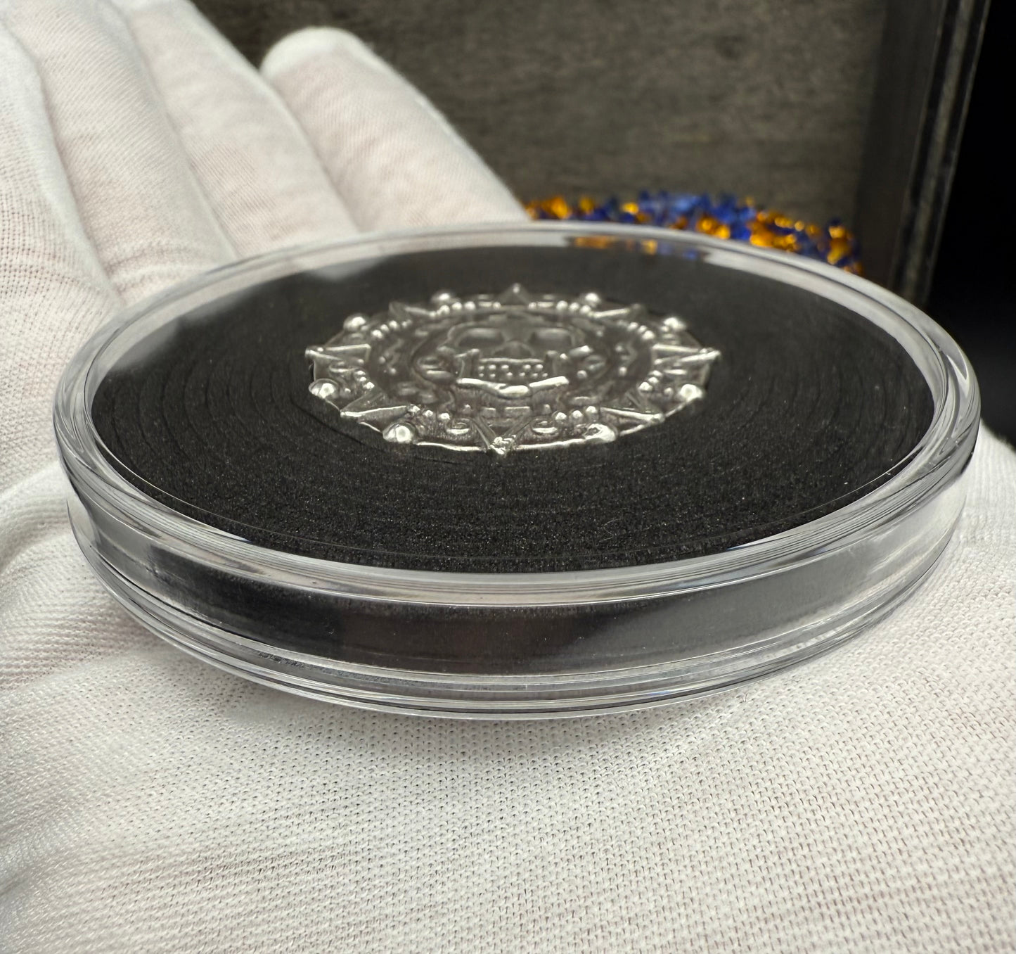 'Aztec Silver Doubloon' Pirate Treasure Hand Crafted by Peculiar Coins 1.5 Troy Ounce .999 Fine Silver Double Sided Skull Antique Finish Includes Wood Treasure Chest, Capsule & COA Mint Condition