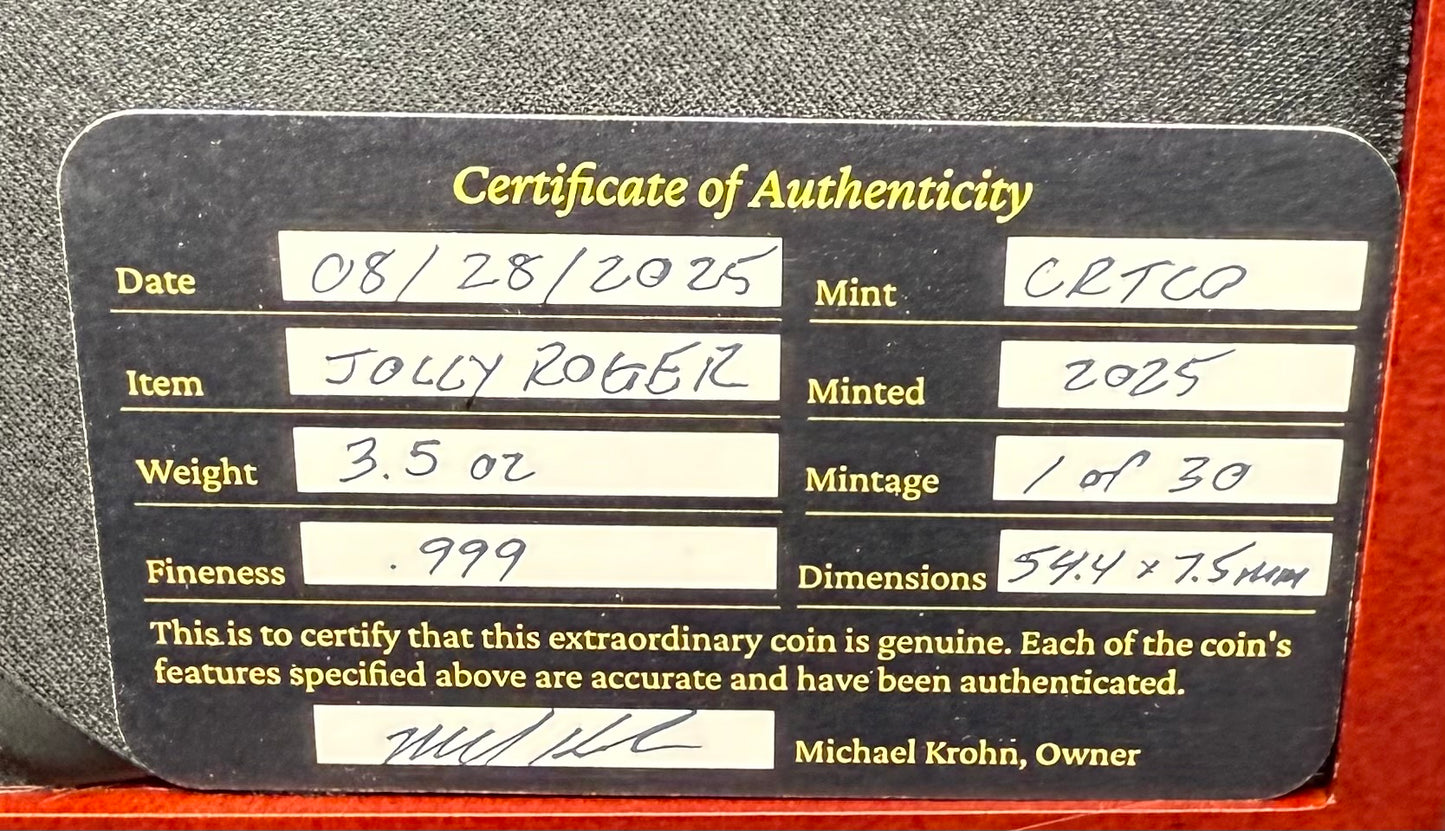 'The Jolly Roger Pirate' Hand Crafted 3.5 Troy Ounce .999 Fine Silver Round Pirate Captain Design Antique Finish Includes Wood Treasure Box, Capsule & COA Limited Edition (1 of 30)