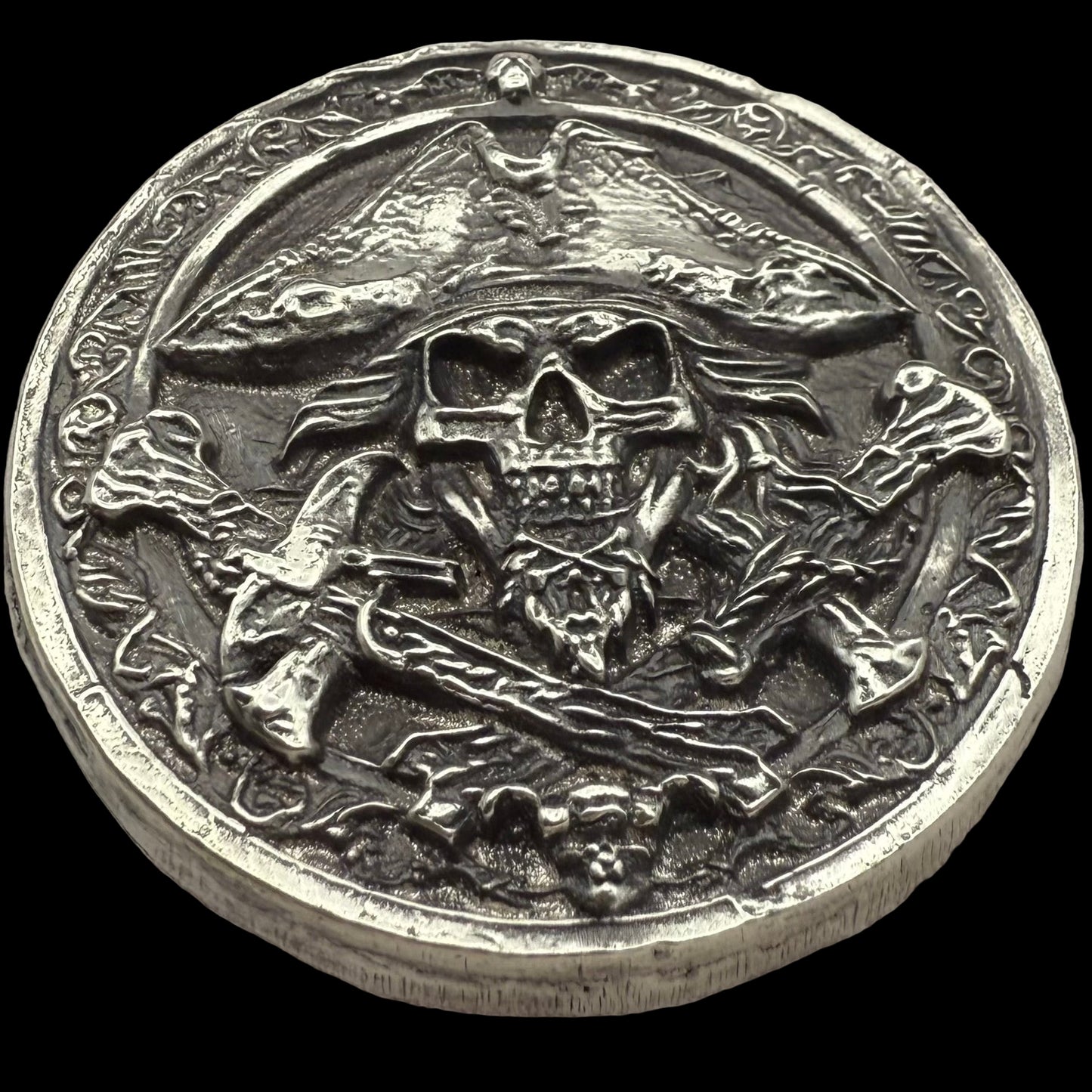 'The Jolly Roger Pirate' Hand Crafted 3.5 Troy Ounce .999 Fine Silver Round Pirate Captain Design Antique Finish Includes Wood Treasure Box, Capsule & COA Limited Edition (1 of 30)