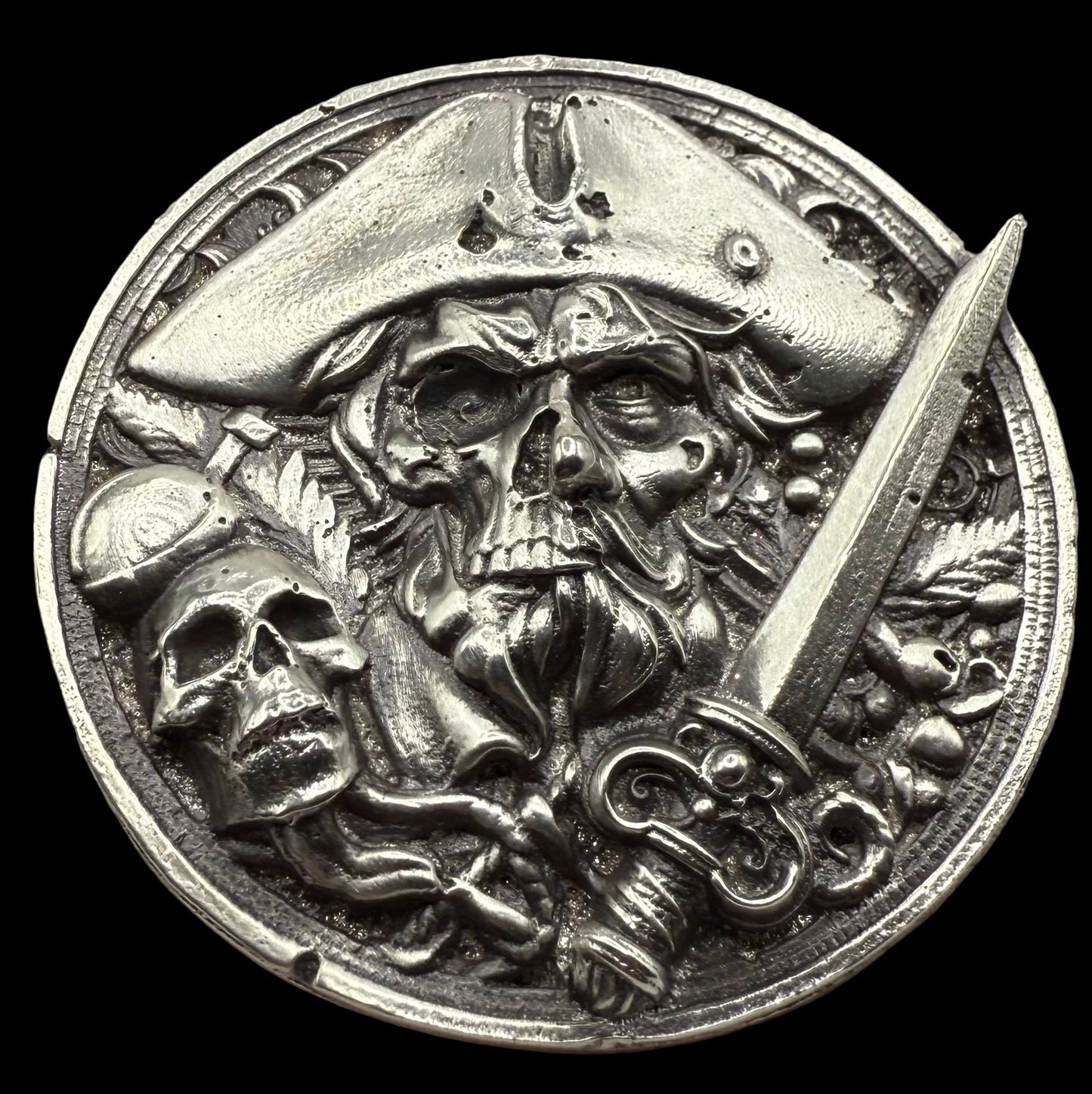 'The Pirate Captain's Curse/ Hand Crafted 3.1 Troy Ounce .999 Fine Silver Round Pirate Skull Sword Design Antique Finish Includes Wood Treasure Box, Capsule & COA Mint Condition Limited Edition (1 of 15)