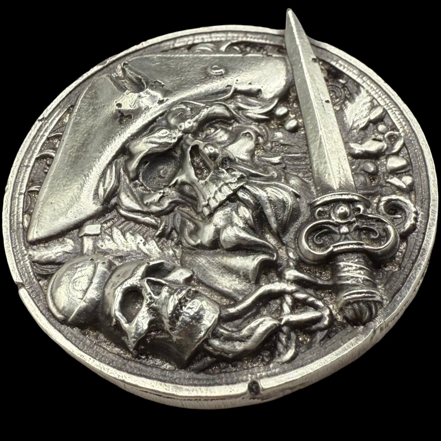 'The Pirate Captain's Curse/ Hand Crafted 3.1 Troy Ounce .999 Fine Silver Round Pirate Skull Sword Design Antique Finish Includes Wood Treasure Box, Capsule & COA Mint Condition Limited Edition (1 of 15)