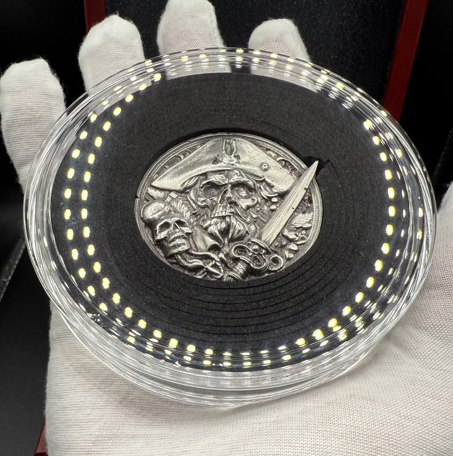 'The Pirate Captain's Curse/ Hand Crafted 3.1 Troy Ounce .999 Fine Silver Round Pirate Skull Sword Design Antique Finish Includes Wood Treasure Box, Capsule & COA Mint Condition Limited Edition (1 of 15)