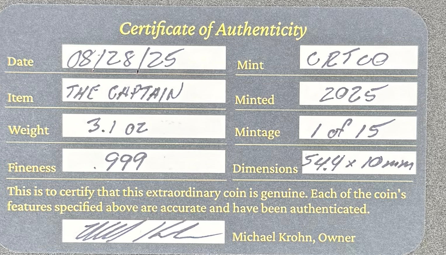 'The Pirate Captain's Curse/ Hand Crafted 3.1 Troy Ounce .999 Fine Silver Round Pirate Skull Sword Design Antique Finish Includes Wood Treasure Box, Capsule & COA Mint Condition Limited Edition (1 of 15)