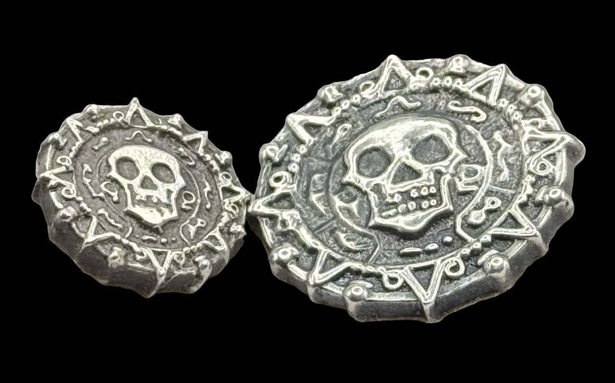 'Aztec Silver Doubloon' Pirate Treasure Hand Crafted by Peculiar Coins 1.5 Troy Ounce .999 Fine Silver Round 2 Piece Set Double Sided Skull Antique Finish Includes Wood Treasure Chest, Capsule & COA Mint Condition