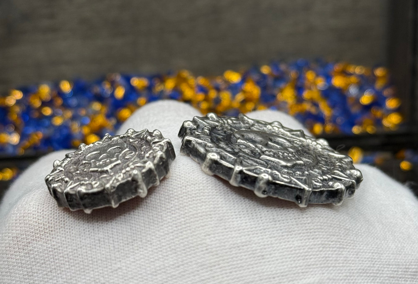 'Aztec Silver Doubloon' Pirate Treasure Hand Crafted by Peculiar Coins 1.5 Troy Ounce .999 Fine Silver Round 2 Piece Set Double Sided Skull Antique Finish Includes Wood Treasure Chest, Capsule & COA Mint Condition