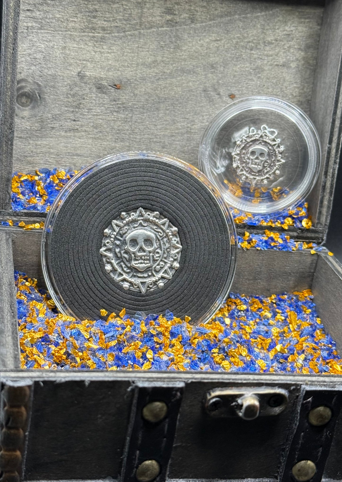 'Aztec Silver Doubloon' Pirate Treasure Hand Crafted by Peculiar Coins 1.5 Troy Ounce .999 Fine Silver Round 2 Piece Set Double Sided Skull Antique Finish Includes Wood Treasure Chest, Capsule & COA Mint Condition