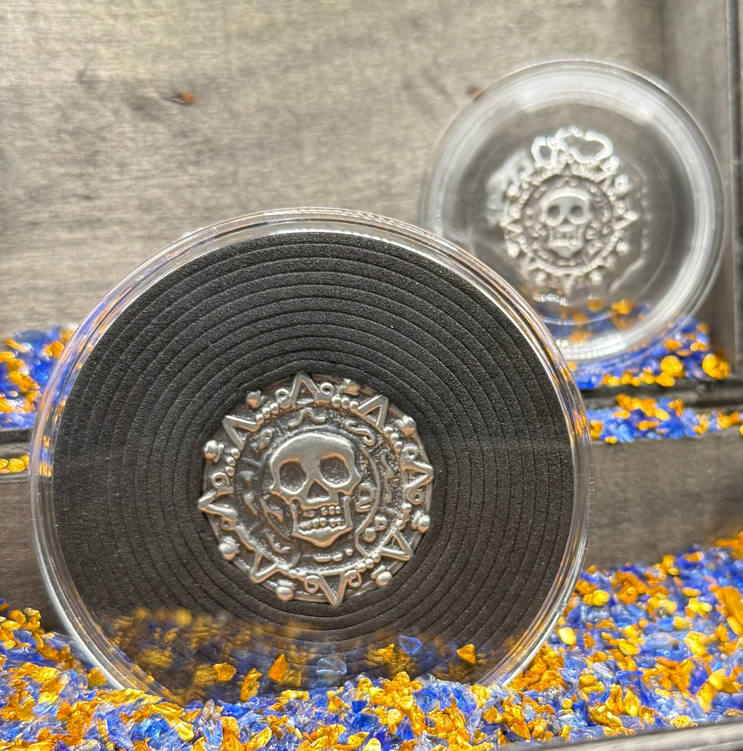 'Aztec Silver Doubloon' Pirate Treasure Hand Crafted by Peculiar Coins 1.5 Troy Ounce .999 Fine Silver Round 2 Piece Set Double Sided Skull Antique Finish Includes Wood Treasure Chest, Capsule & COA Mint Condition