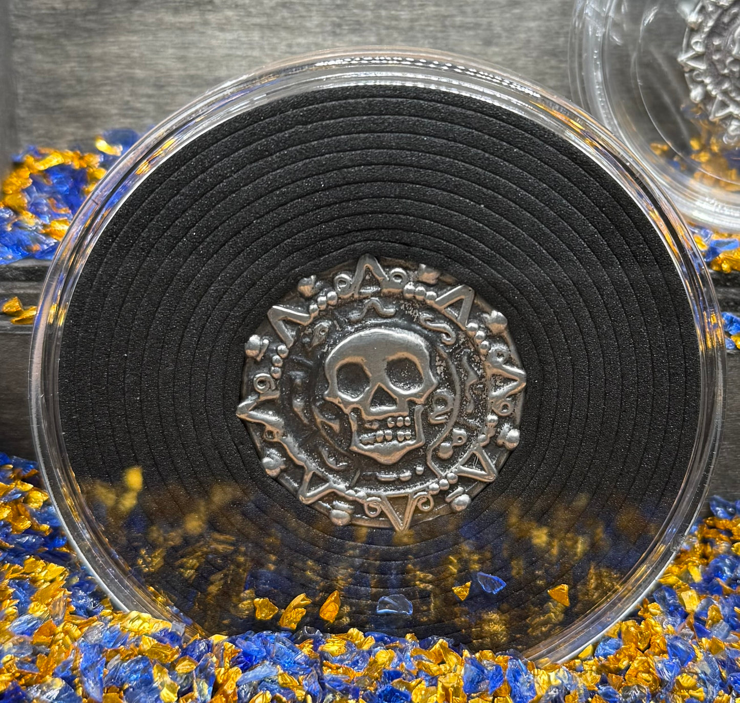 'Aztec Silver Doubloon' Pirate Treasure Hand Crafted by Peculiar Coins 1.5 Troy Ounce .999 Fine Silver Round 2 Piece Set Double Sided Skull Antique Finish Includes Wood Treasure Chest, Capsule & COA Mint Condition