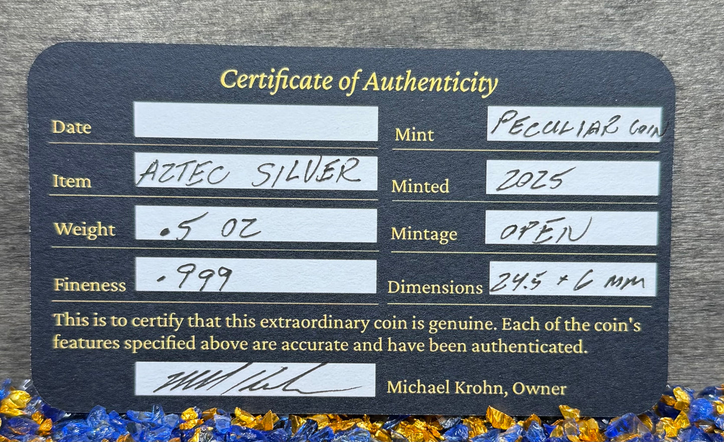 'Aztec Silver Doubloon' Pirate Treasure Hand Crafted by Peculiar Coins .5 Troy Ounce .999 Fine Silver Round Double Sided Skull Antique, Wood Treasure Chest, Capsule & COA Mint Condition