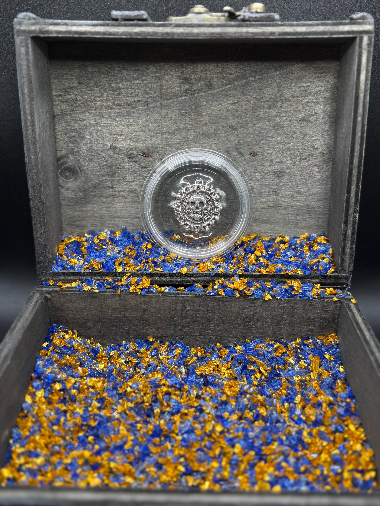 'Aztec Silver Doubloon' Pirate Treasure Hand Crafted by Peculiar Coins .5 Troy Ounce .999 Fine Silver Round Double Sided Skull Antique, Wood Treasure Chest, Capsule & COA Mint Condition