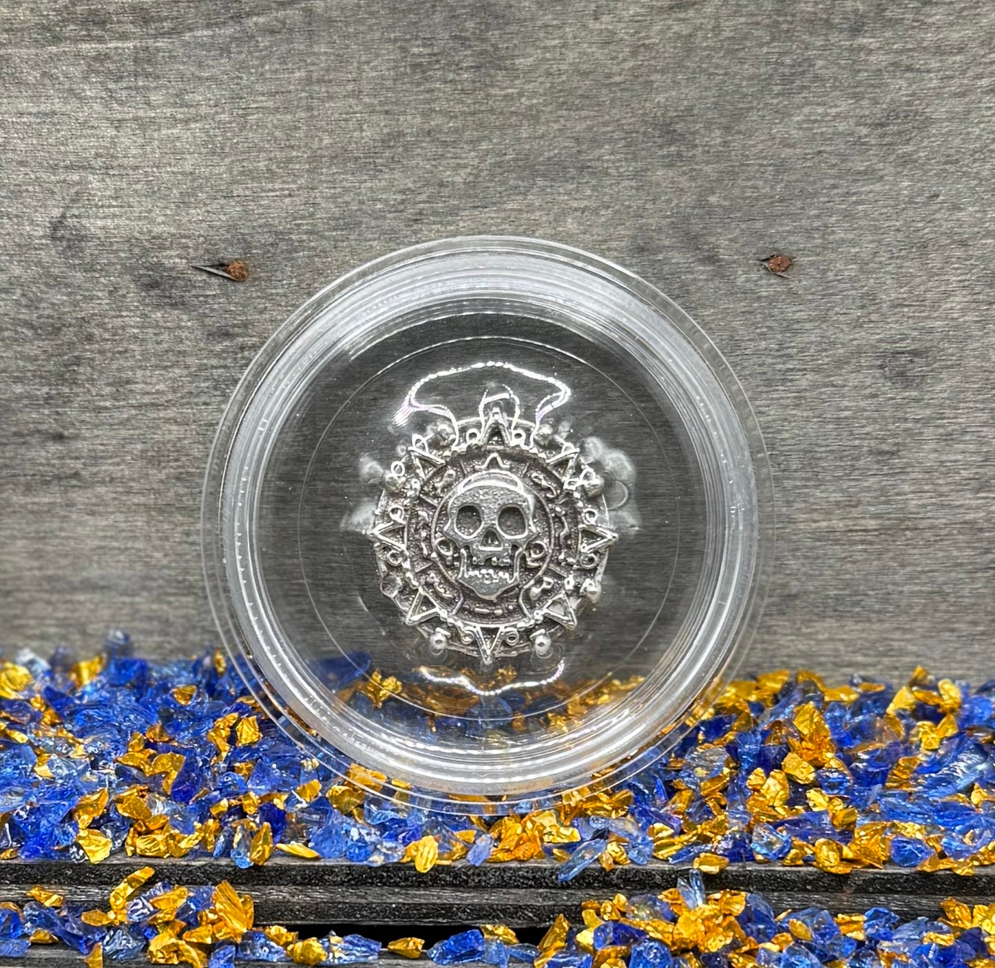 'Aztec Silver Doubloon' Pirate Treasure Hand Crafted by Peculiar Coins .5 Troy Ounce .999 Fine Silver Round Double Sided Skull Antique, Wood Treasure Chest, Capsule & COA Mint Condition