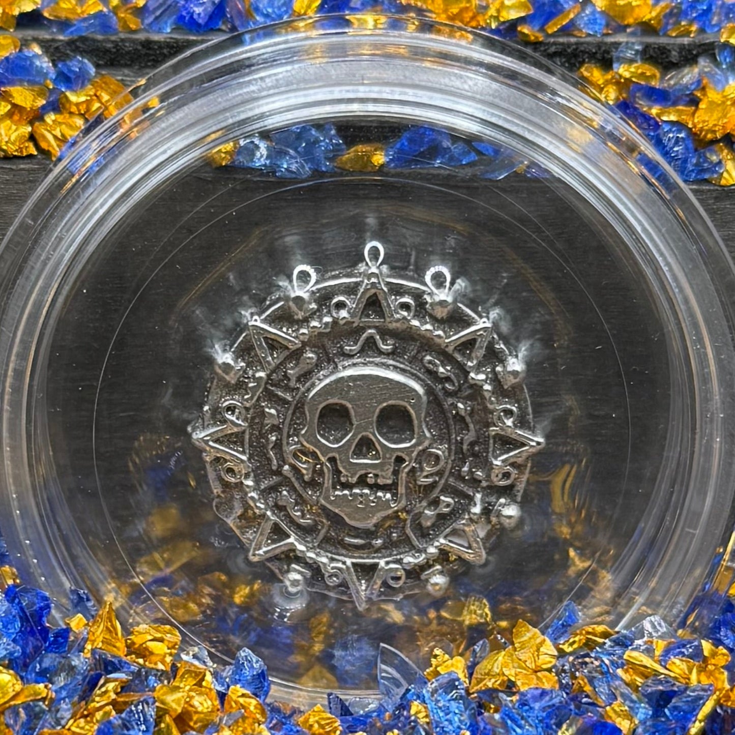 'Aztec Silver Doubloon' Pirate Treasure Hand Crafted by Peculiar Coins .5 Troy Ounce .999 Fine Silver Round Double Sided Skull Antique, Wood Treasure Chest, Capsule & COA Mint Condition