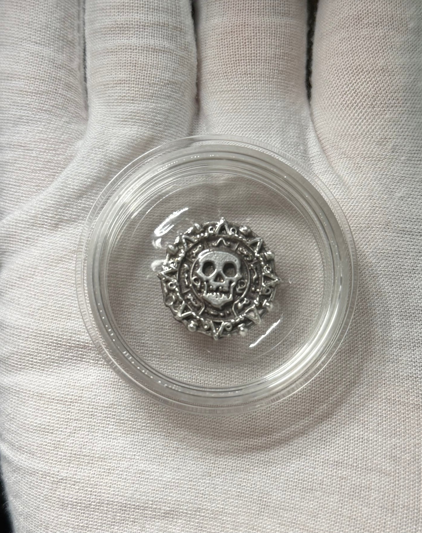 'Aztec Silver Doubloon' Pirate Treasure Hand Crafted by Peculiar Coins .5 Troy Ounce .999 Fine Silver Round Double Sided Skull Antique, Wood Treasure Chest, Capsule & COA Mint Condition