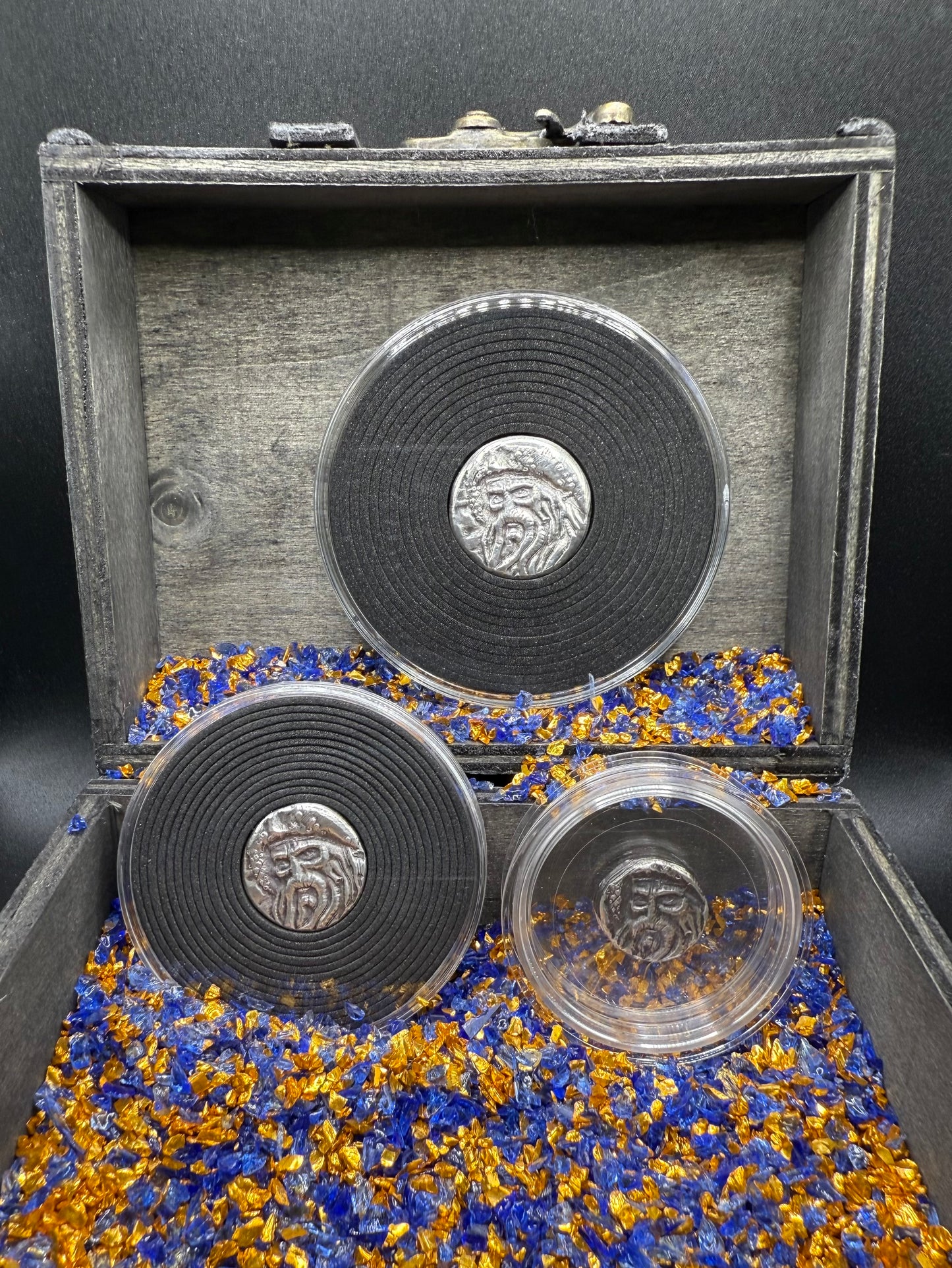 'Fishface Cursed Pirate Captain Jones' Hand Crafted 1.75 Troy Ounce .999 Fine Silver Round 3 Piece Set Antique Finish Includes Wood Treasure Chest, Capsule & COA Mint Condition Limited Edition 1 of  20