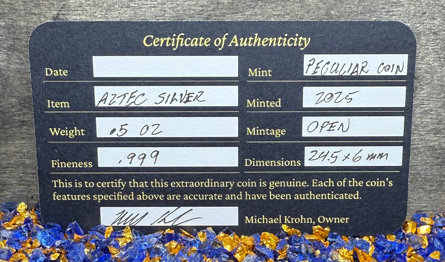 'Aztec Silver Doubloon' Pirate Treasure Hand Crafted by Peculiar Coins 1.5 Troy Ounce .999 Fine Silver Round 2 Piece Set Double Sided Skull Antique Finish Includes Wood Treasure Chest, Capsule & COA Mint Condition